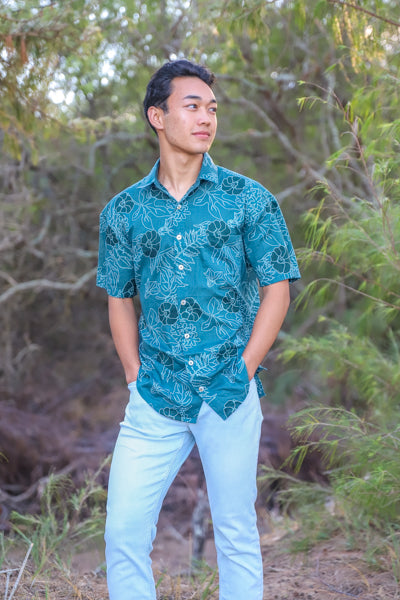 PŌʻALIMA Menʻs Aloha Shirt in MAKAHIKI BLUE